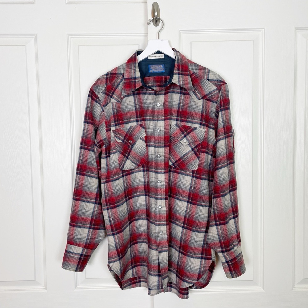 VINTAGE Pendleton High Grade Western Shirt Plaid Virgin Wool Red Grey Sz L